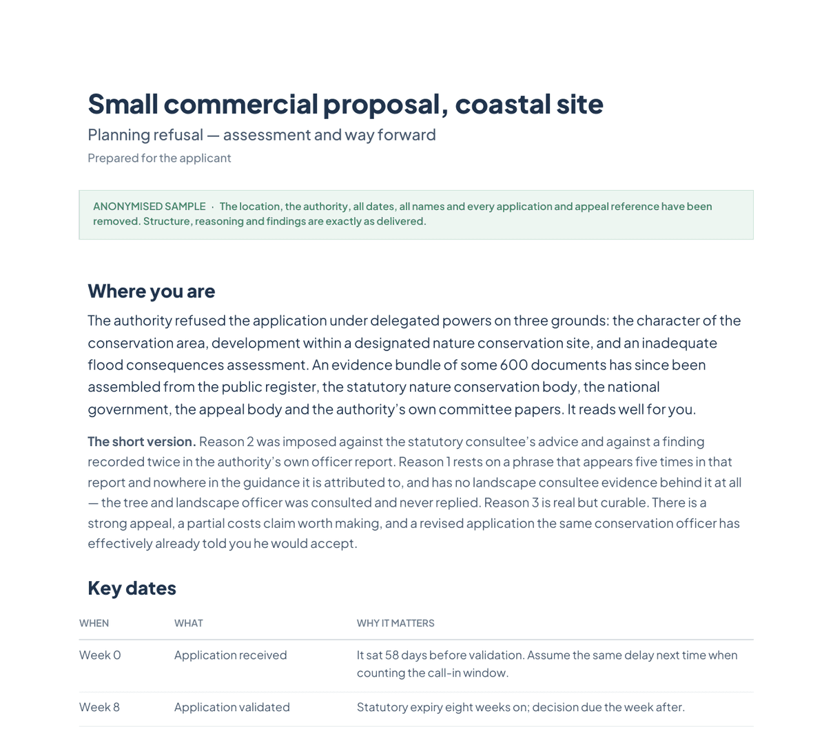 The first page of a sample planning refusal assessment.